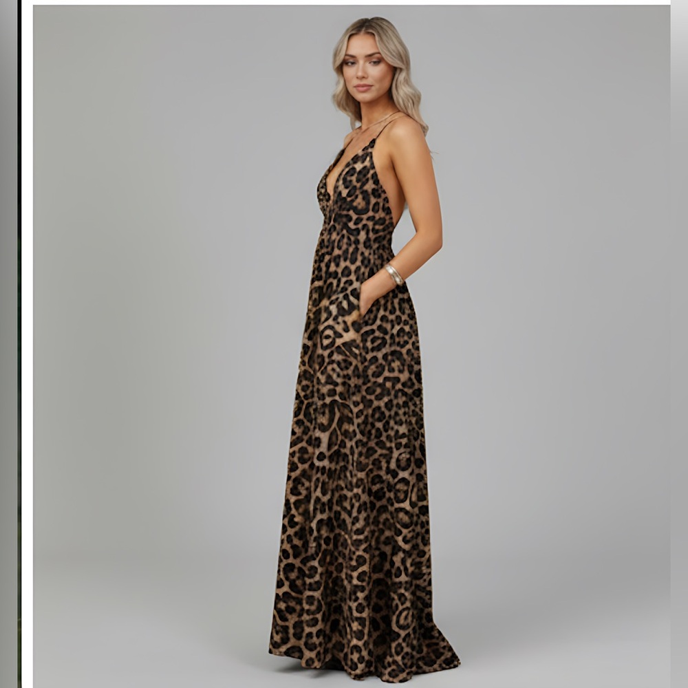 Plunging Neck Crisscross Open Back Leopard Dress - Picture 4 of 13